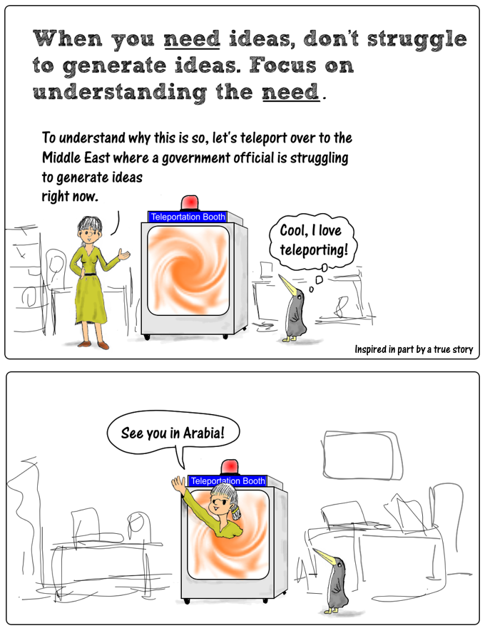 Cartoon: when you need ideas part one: don't struggle to generate ideas. Focus on understanding