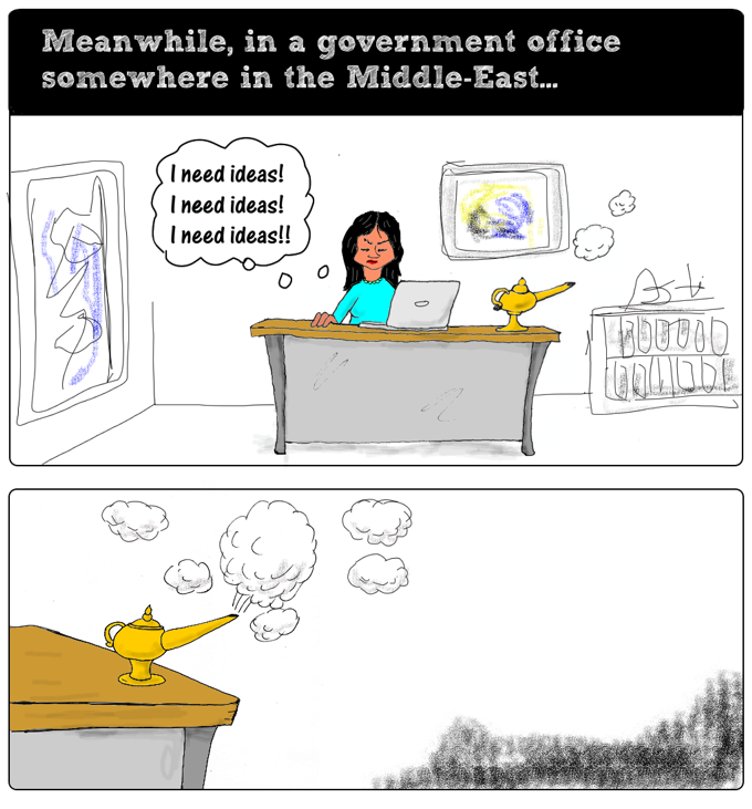 cartoon story: understand the situation part two: somewhere in the Middle East, a government worker is struggling for ideas