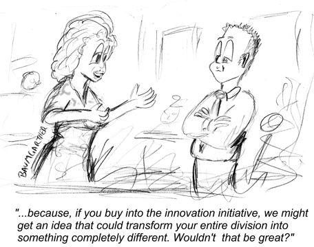 Cartoon: innovation manager talking to manager