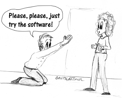 Cartoon: begging colleague to use collaboration software