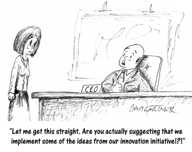 Cartoon: boss appalled by suggestion to implement ideas