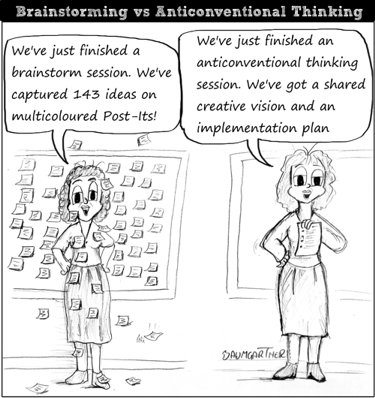 Cartoon comparing results in brainstorm and antionconventional thinking action