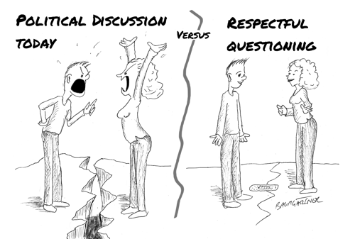 Cartoon: political debate today versus respectful questioning