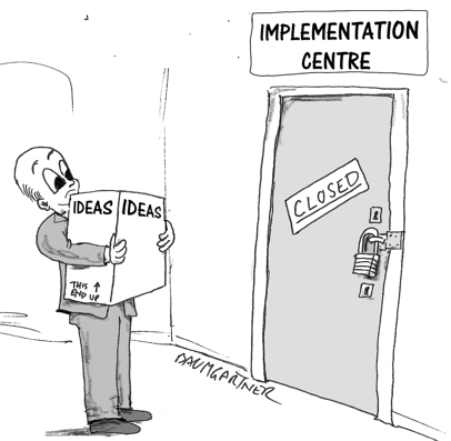 Cartoon: man carrying ideas sees that door to Innovation Centre is closed.