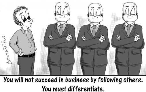 Cartoon: man looks thoughtfully at identical business executives