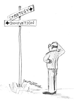 Cartoon: sign with conflicting directions for innovation and strategy