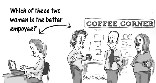 Cartoon: two woman at work; who is the better employee