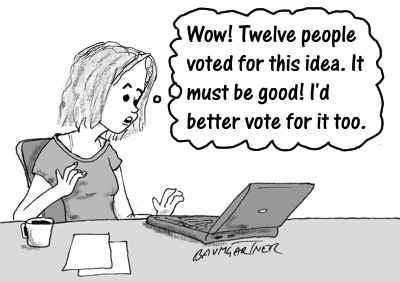 Cartoon: woman votes for idea because it is popular