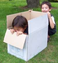 Two boys playing with a big cardboard box