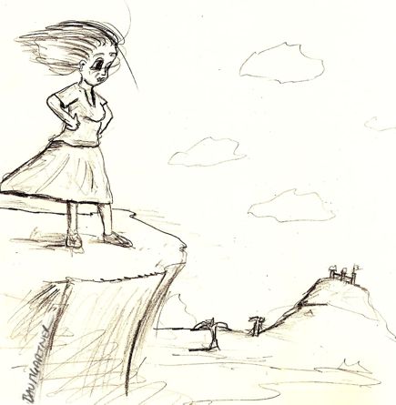 Woman on cliff edge, thinking