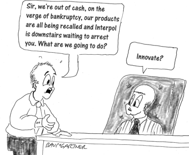cartoon: company is in a bad way, boss suggests innovating