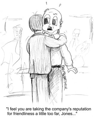 Cartoon: employee hugging boss