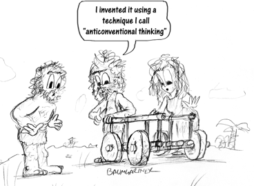 Cartoon - cave people use creativity to invent cart