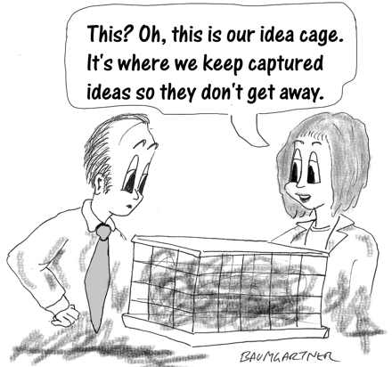 Cartoon: Idea cage for keeping captured ideas so that they cannot get away