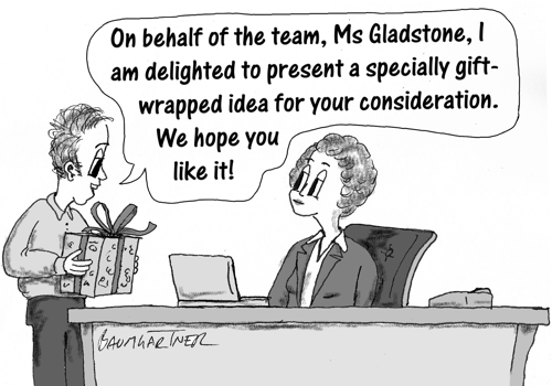Cartoon: team presents boss with gift-wrapped idea