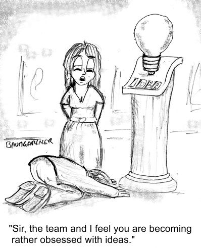 Cartoon: man worshipping an idea