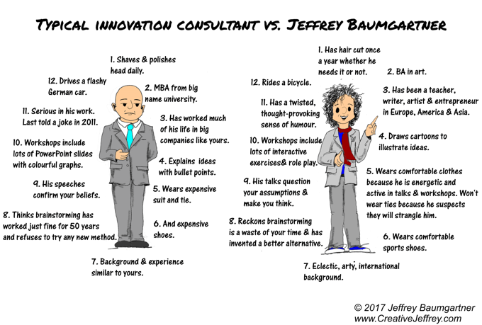 Cartoon comparing a typical innovation consultant with jeffrey