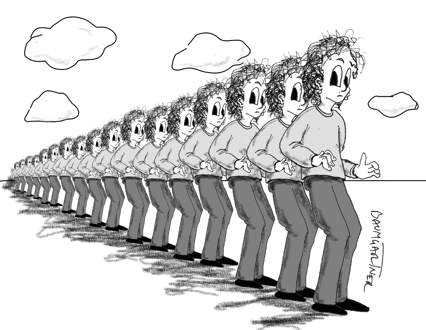 Cartoon: multiple Jeffrey Baumgartners in a row - representing his multiple realities