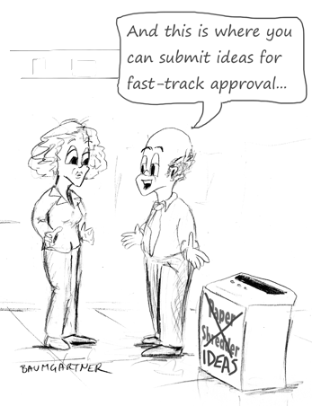 Cartoon: paper shredder for idea submission
