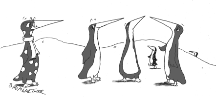Cartoon: spotted, eccentric penguin looks at ordinary penguins