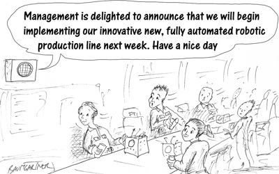 Cartoon: workers on production line shocked by announcement they will be replaced by robots