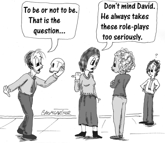 Cartoon: man performs Hamlet's soliloquy in corporate role play