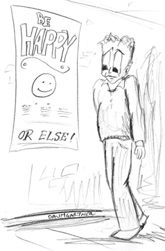 cartoon: sad guy walking past happiness poster