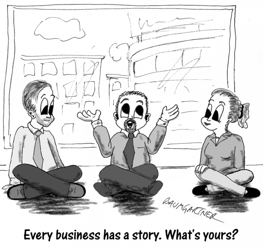 Cartoon: man telling a story in an office