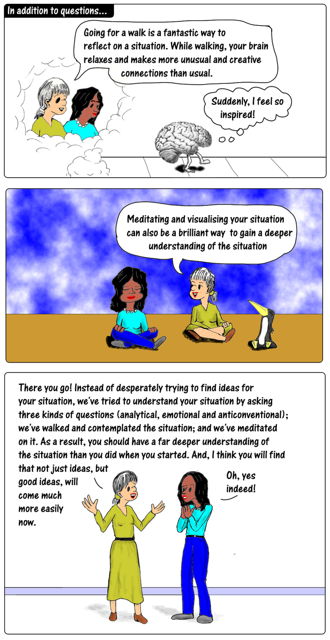 cartoon story: when you need ideas: going for walks and focused meditation
