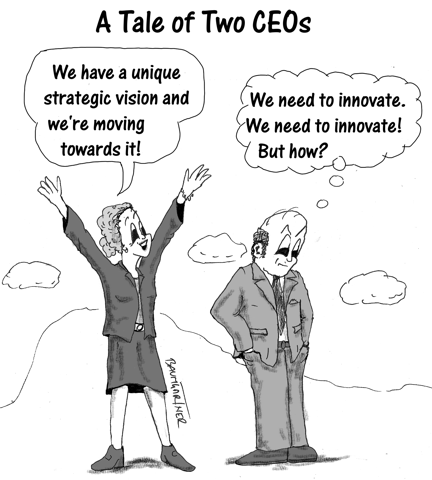 Cartoon: Businesswoman has a vision while businessman desperately wants to innovate
