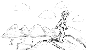 Cartoon: man walking in  mountains