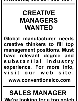 Classified advert: Creative Managers Wanted