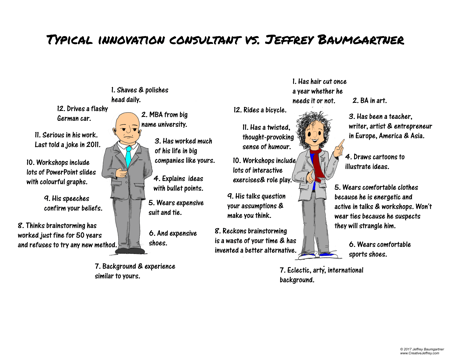 Poster of typical innovation consultant vs Jeffrey Baumgartner